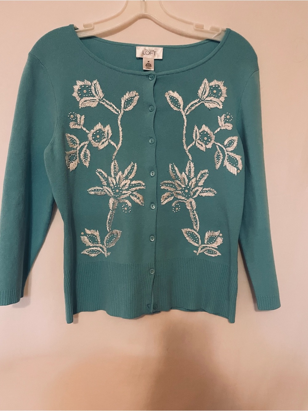 LOFT Teal Cardigan with White Floral Embroidery